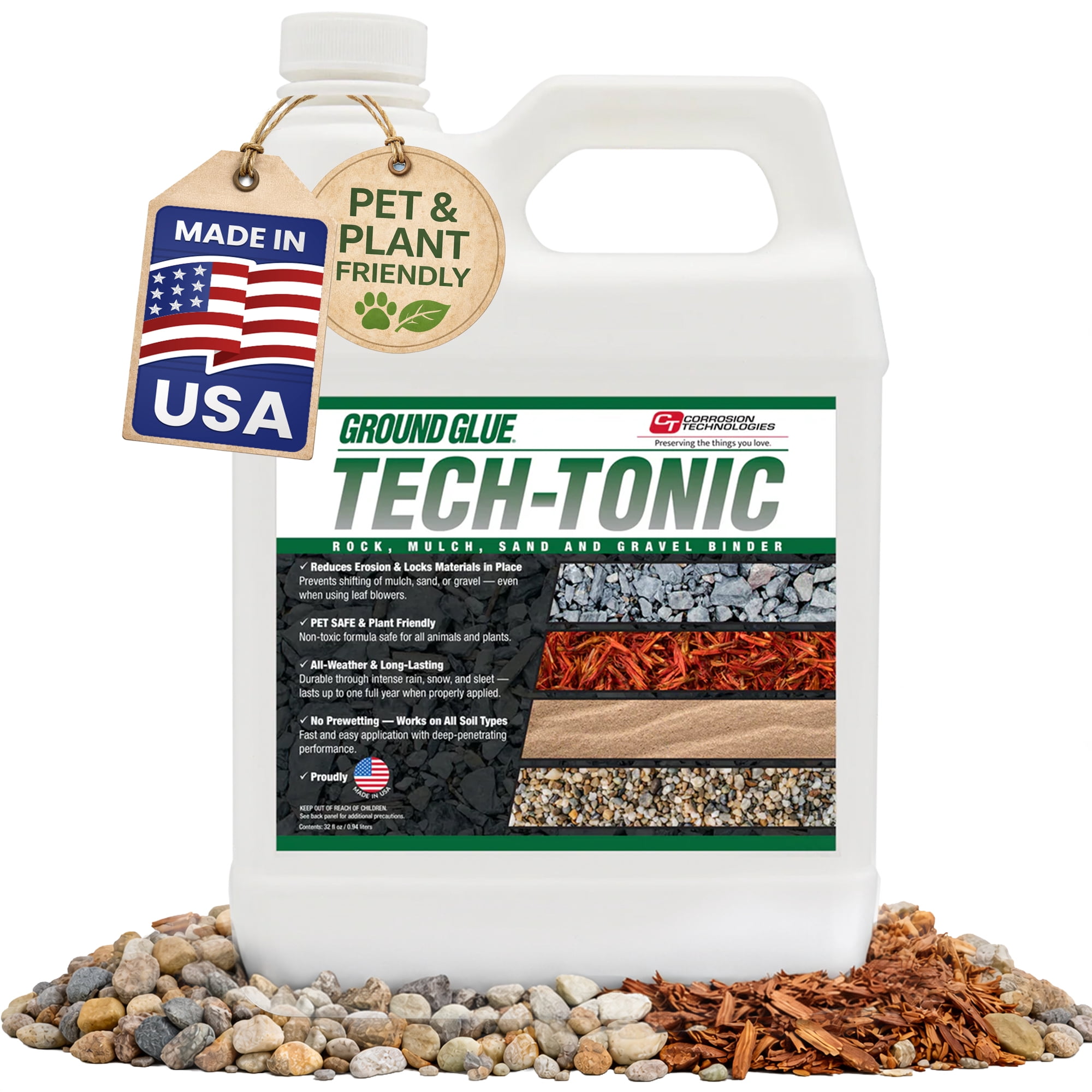 Ground Glue Tech-Tonic Landscape Adhesive for Rock, Mulch, and Sand, Long-Lasting Stabilizer for Trails & Slopes, Pet-Safe binder for, Gravel, Bark & Flower Beds, 32oz
