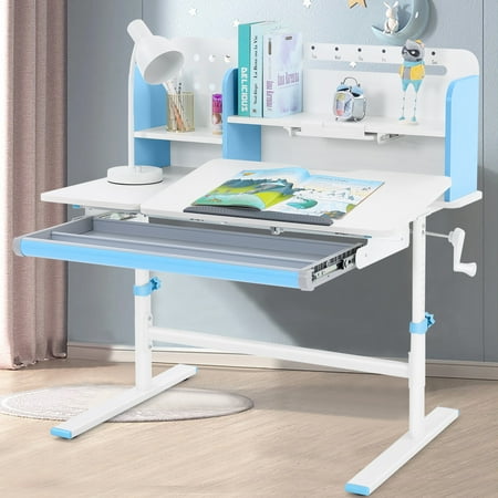 Liftable Height Adjustable Kids Study Desk Ergonomic Children Drafting Table Computer Station with Shelf Drawer(Blue)