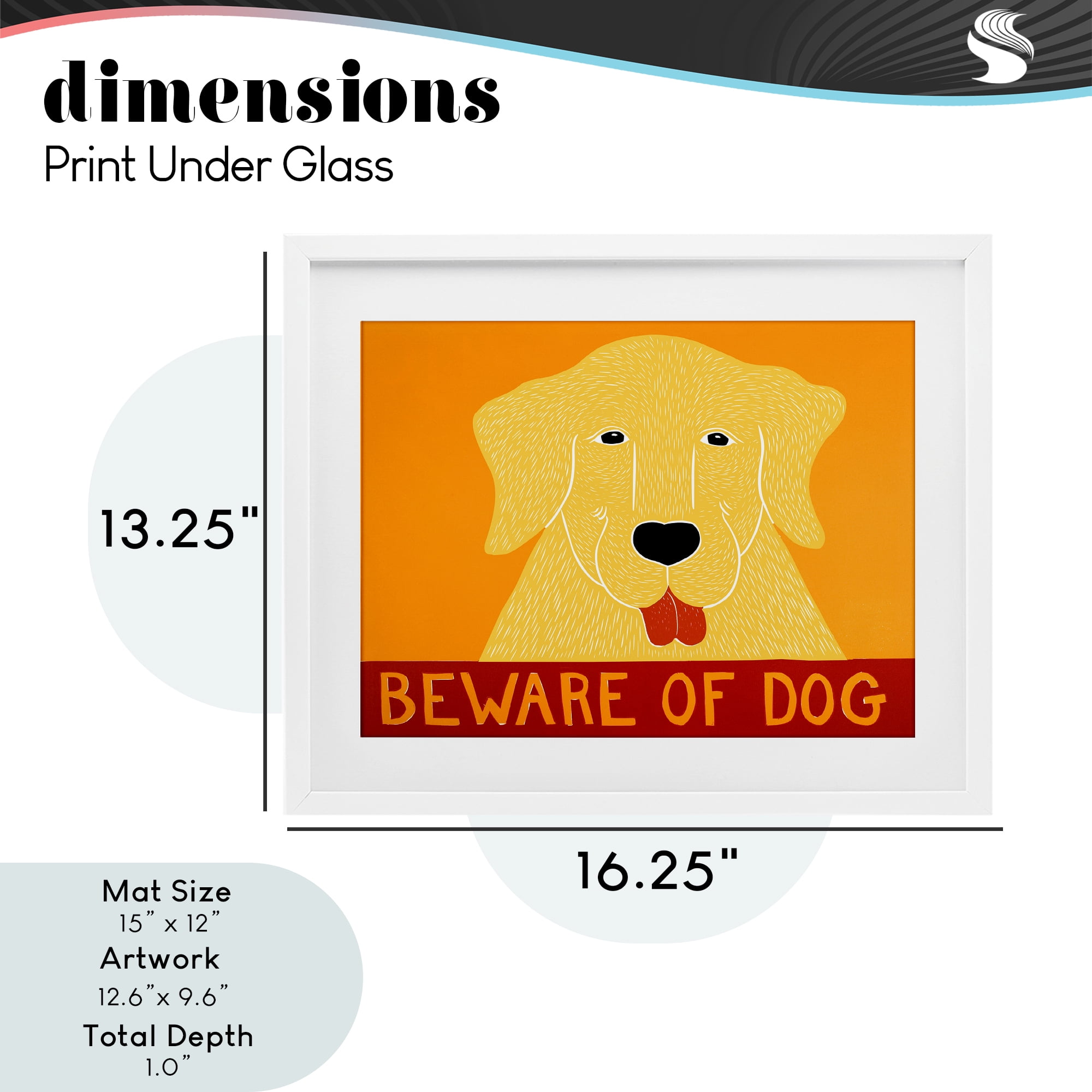 Beware Of Dog Yellow & Red White Framed Print Under Glass, design by Stephen Huneck