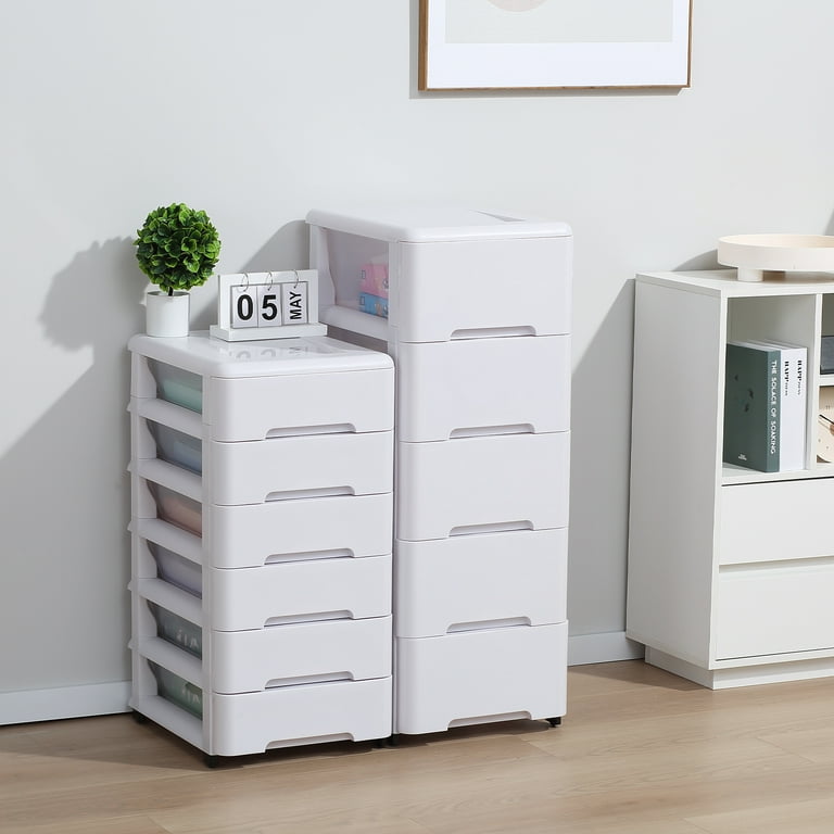 Novelinks 4 drawer storage organizer Plastic dressers with drawers Kids  Sliding Bin Organizer Compact Space Saving Small Plastic Drawers,White