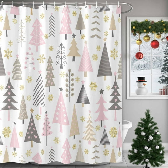 Pink Christmas Trees Shower Curtain for Bathroom, Cartoon Winter Snowflake Waterproof Shower Curtains Washable Quick Dry with Hooks Bathtub Curtains 72x72IN
