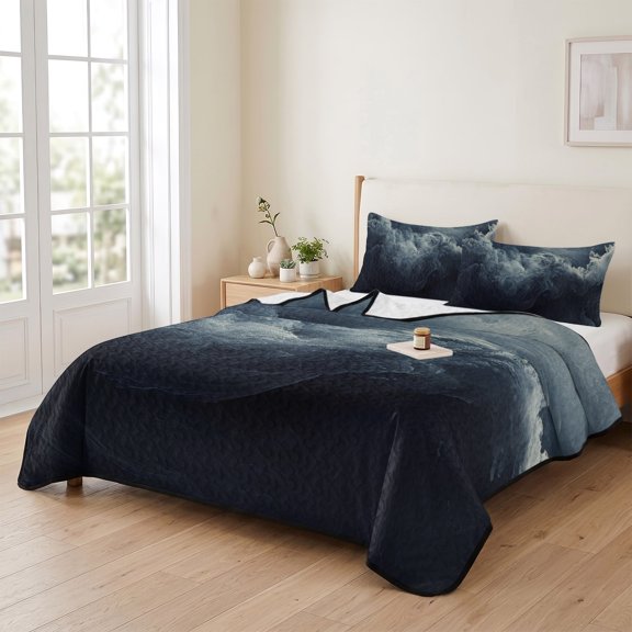 96x106in Quilt Bedding Set, Abstract Blue Ocean Waves Lightweight Coverlet Summer Comforter Set Soft Microfiber Bedspread, Nature Landscape 3 Piece Quilt Set with 2 Pillow Shams All Seasons Use