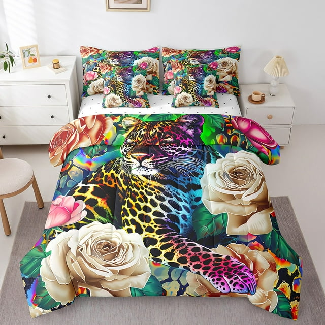 Cheetah Bed in a Bag Queen 7 Pieces,Colorful Leopard Print Flower Comforter Set Reversible African Safari Animals Design,Soft Breathable Bedding Sets with Comforter,Sheets,Pillowcases & Shams