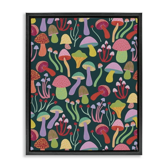 Stupell Industries Magical Times Mushrooms Plants & Flowers Painting Black Floater Framed Canvas Art Print Wall Art, 17 x 21