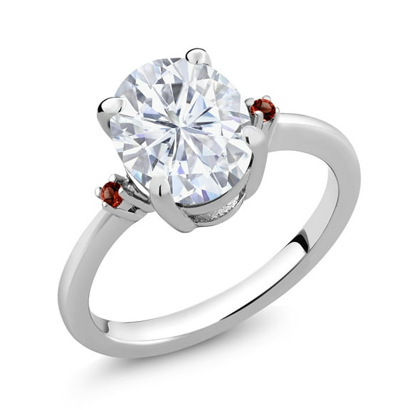 Gem Stone King 925 Sterling Silver White Moissanite and Red Garnet 3 Stone Ring for Women (3.04 Cttw, Oval 10X8MM, Gemstone Birthstone, Size 8)