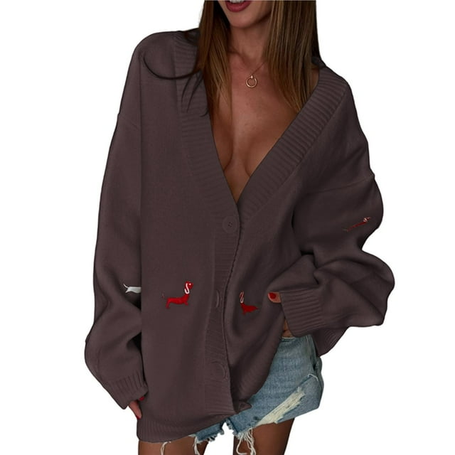 Cárdigan de Punto con Botones y Bordado Gráfico para Mujer, Cuello en V, Cómodo y Divertido, Ideal para Otoño Marrón M