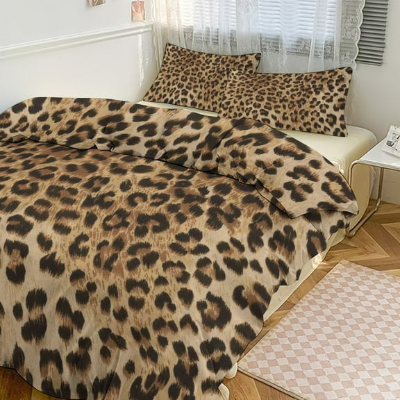3 Pcs Soft Bedding Set, Includes 1 Duvet Cover with Zipper And 2 Pillow Shams,Leopard Print Brown Twin(86"x70")