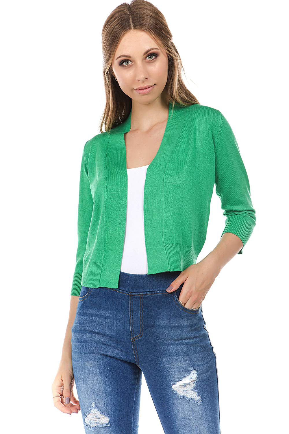 Women's Soft Solid Open Front Cropped 3/4 Sleeve Bolero Shrug Cardigan  Sweater - Walmart.com