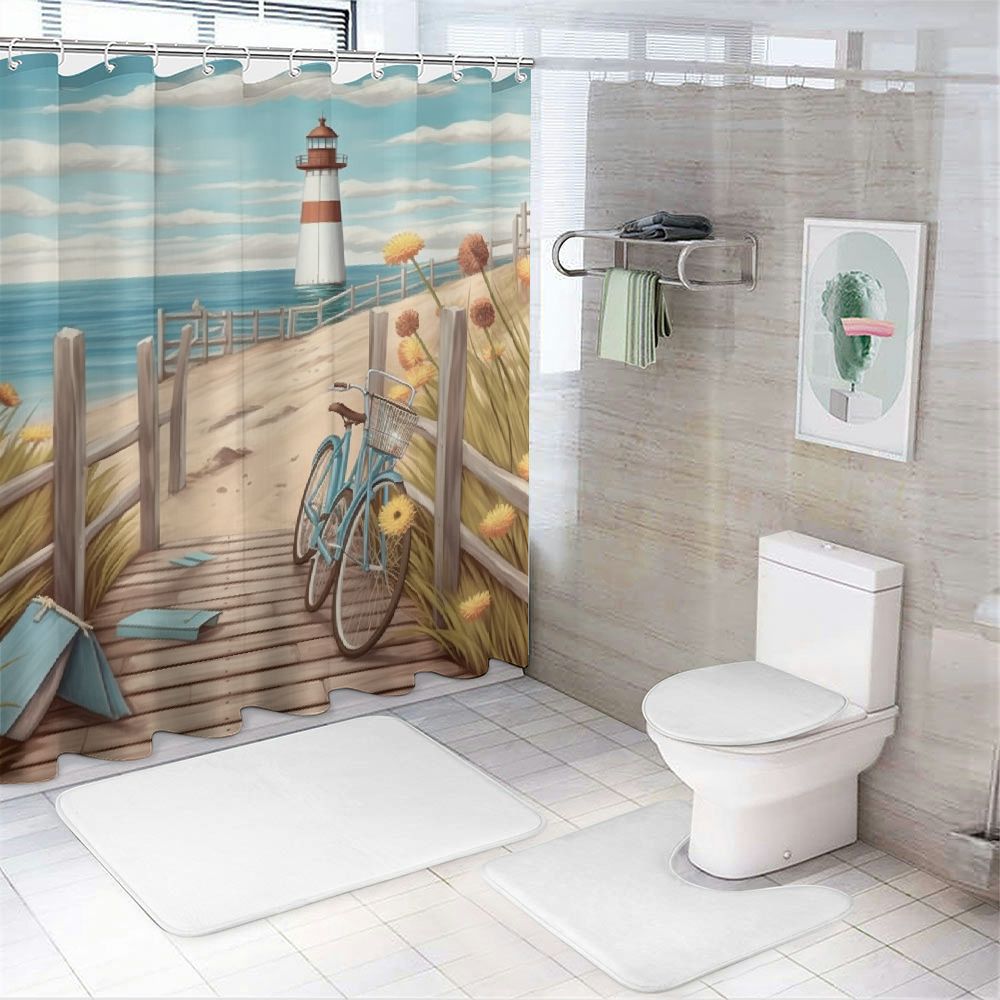 Pratyus Beach Lighthouse Bike Shower Curtain Waterproof Bath Decor Set with Hooks, Kids Bathroom Decor 100% Polyester Washable Curtain, Various Sizes 60"x72