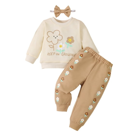2T Baby Girls Outfits 3T Girls 3PCS Pant Sets Toddler Girls Long Sleeve Flower Print Top Pants Set with Headband Brown