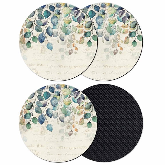 Blue Teal Botanical Coasters Set of 4, Weeping Fall Eucalyptus Leaves Rustic Absorbent Coasters for Drinks, Coaster for Bar Office Dining Coffee Table Accessories Decor, Non Slip Round Desk Coaster