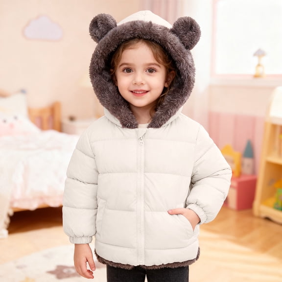 Letdown Unisex Jacket with Puffer, Thicken Hooded Warm Puffer Jackets Outwear, Long Sleeve Elastic Solid Winter Warm Clothes with Pockets (Beige, 18-24 Months)