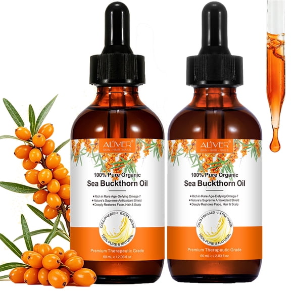 (2-Pack) Sea Buckthorn Oil Pure & Cold-Pressed, Antioxidant Facial Oil, Skin Moisturizer, Rich in Omega-7, Vitamin E & Carotenoids, for Dry Skin, Fine Lines, Hair Care, 2floz (60ml)