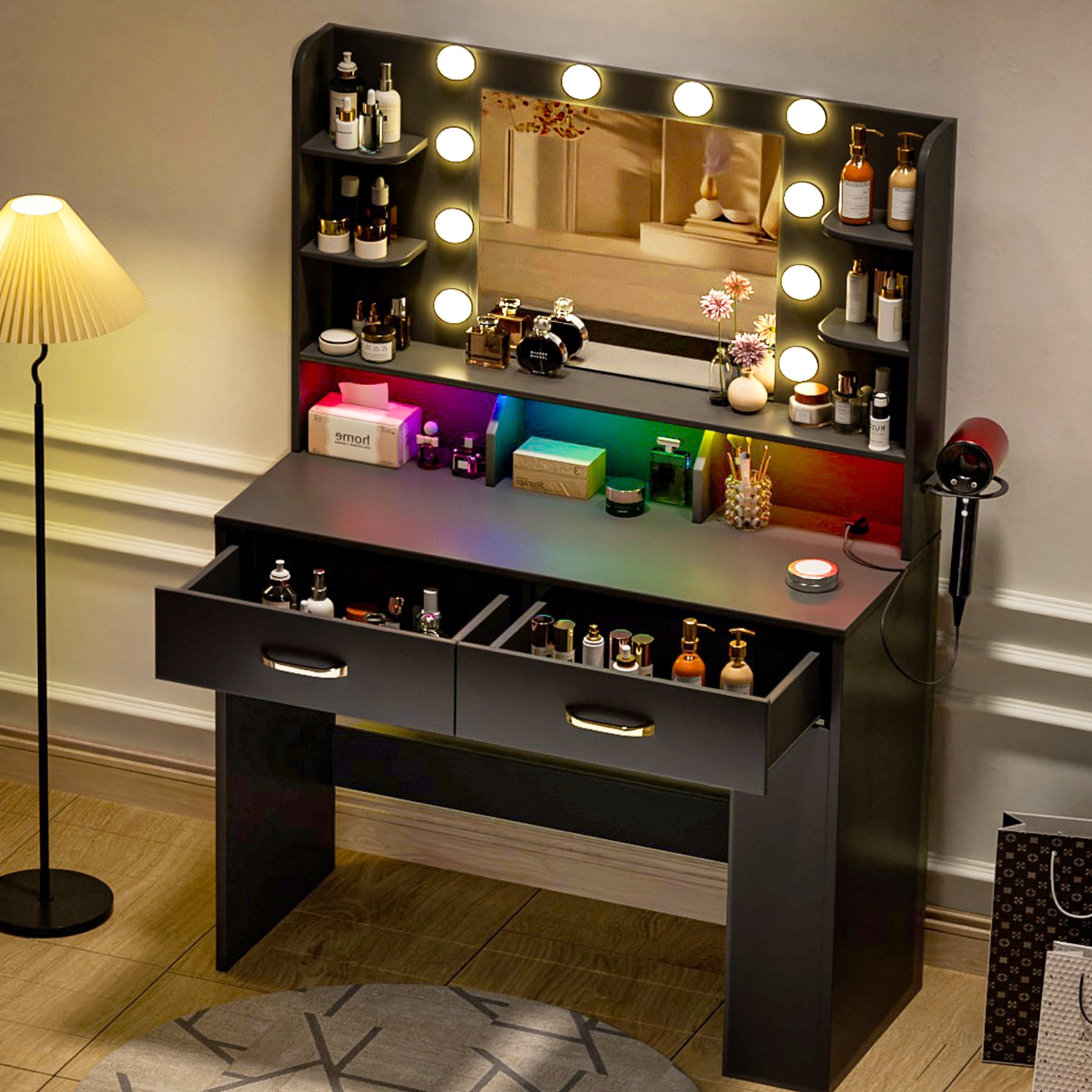 COMHOMA Black Vanity Desk with Mirror and Lights, Hairdryer Holder, 5 Drawers, Bedroom Dresser Table for You