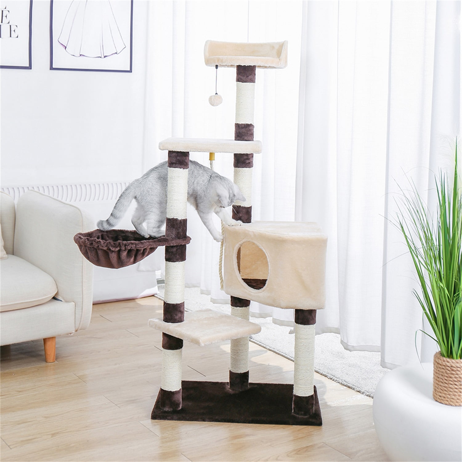 Pefilos 54.3" Cat Tree for Adult Cats Tall, Cat Condo with Scratching Post 3 Elevated Platforms, Cat Tree Tower for Indoor Cats Dangling Cat Toy, Cat Playground, Beige Pefilos 54.3" Cat Tree for Adult Cats Tall, Cat Condo with Scratching Post 3 Elevated Platforms, Cat Tree Tower for Indoor Cats Dangling Cat Toy, Cat Playground, Beige