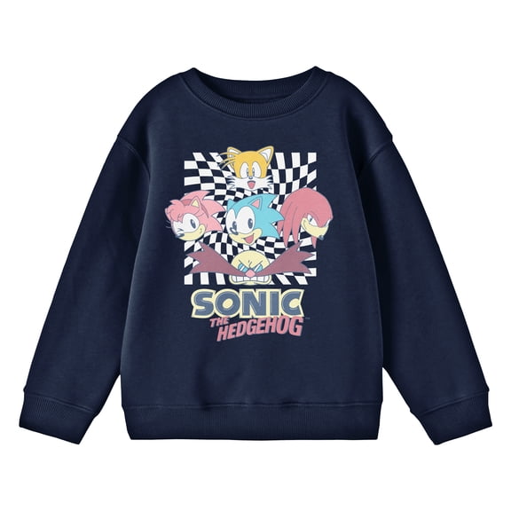 Sonic The Hedgehog Character Heads Youth Navy Crew Neck Long Sleeve Sweatshirt-Medium