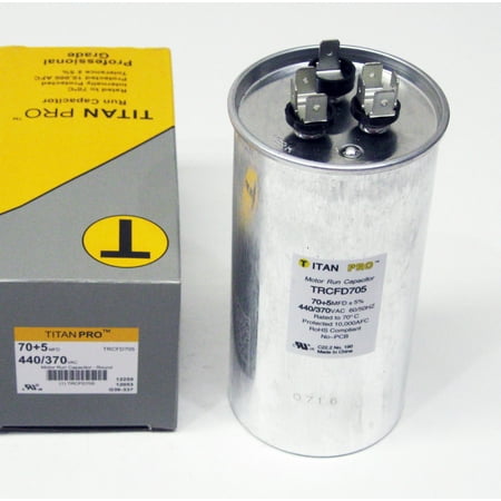 

TitanPro TRCFD705 HVAC Round Dual Motor Run Capacitor. 70/5 MFD/UF440/370 Volts