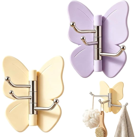 4 Pack Rotating Butterfly Adhesive Wall Hooks, No Drill Corner Storage Hangers, 270° Swivel 3 Prong Design, Strong Stick On Organizer, Adjustable Wings for Towels Keys Bags Hats (#A)