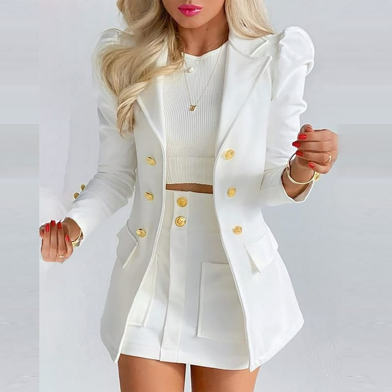 Womens 2 Piece Blazer Sets Casual Long Sleeve Open Front Formal Office Work  Jackets and Pencil Mini Skirt Suit Set 