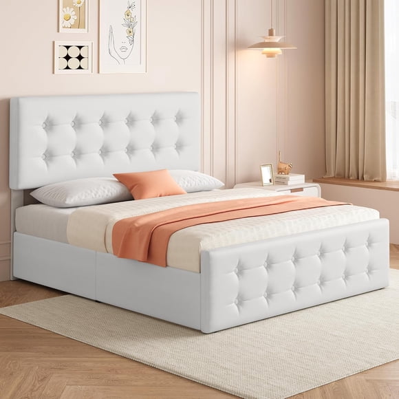 QinaQin White Full-Size Platform Bed Frame with Faux Leather Upholstery 4 Storage Drawers Button-Tufted Headboard and Wooden Slats Support No Box Spring Needed