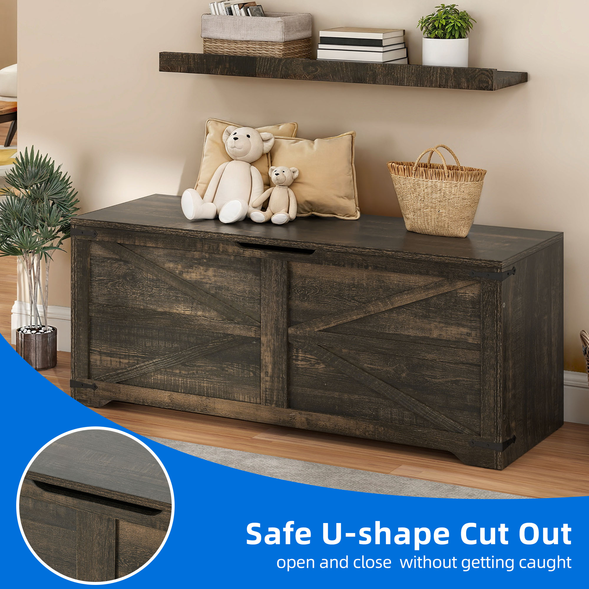 Uforic 47.2" Farmhouse Storage Bench with 2 Safety Hinges, Wooden Storage Chest with 2 Safety Hinges for Storage Organizer, Shoe Bench - Black Oak