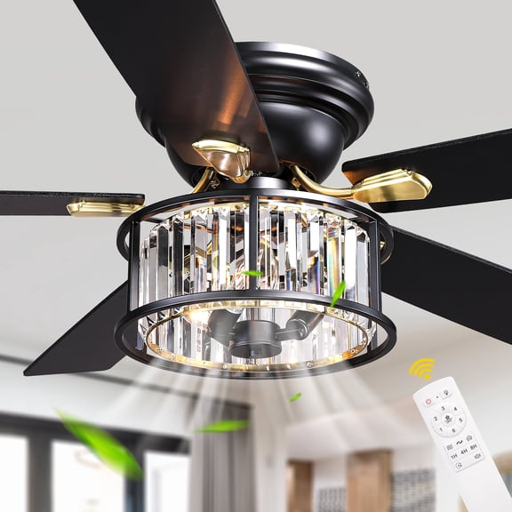 Chords Attic 52" Black Crystal Flush Mount Ceiling Fan with Light and Remote Control, Low Profile Fandelier Ceiling Fan with 6-Speed DC Motor for Living Room, Bedroom
