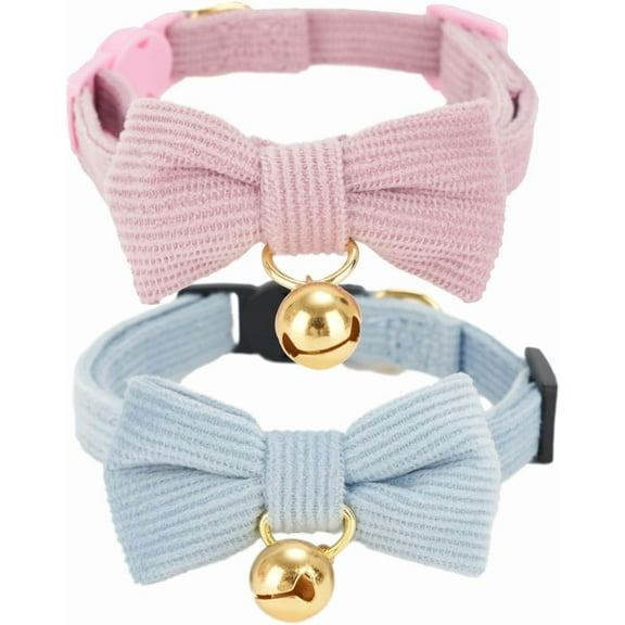 Soft Corduroy Cat Collar, Plaid Pattern, with Bell and Bowtie, Safety Breakaway Clasp, Adjustable for Kitten and Cats 1/2Pack