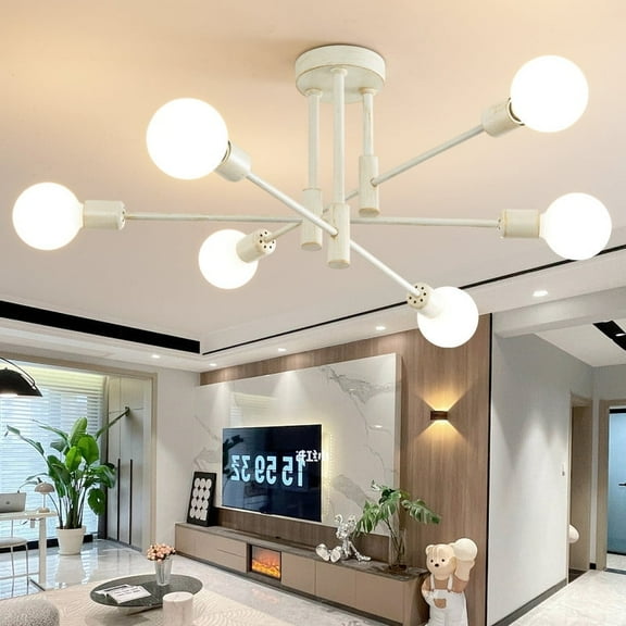 Deyidn White Rubbed Gold 6-Light Sputnik Chandelier - 25 Inch Mid Century Modern Flush Mount Ceiling Light Fixture for Dining Room Kitchen Bedroom
