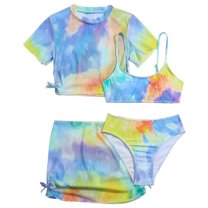 GYRATEDREAM Girls Swimsuits 4 Piece Tankini Bathing Suit Set Kids Cute Tie-dye Bikini Swimwear with Cover Ups Beach Skirt for 8-14Y
