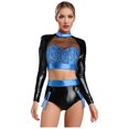 thumbnail image 1 of Xnihocha Womens Pcs Metallic Shiny Set Rave Outfits Long Sleeve Cropt Tops With Shorts Bottom For Halloween Blue L, 1 of 5