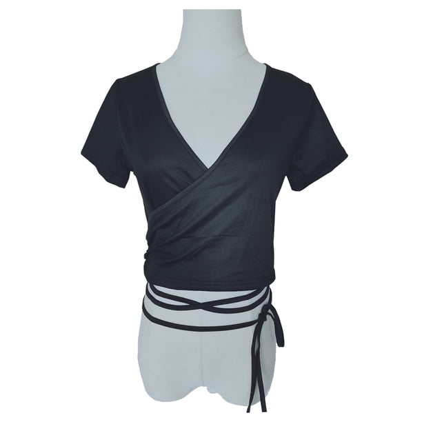 Camiseta corta con cuello en V y cordón fruncido en la parte delantera para mujer Zhivalor BST3007483-4