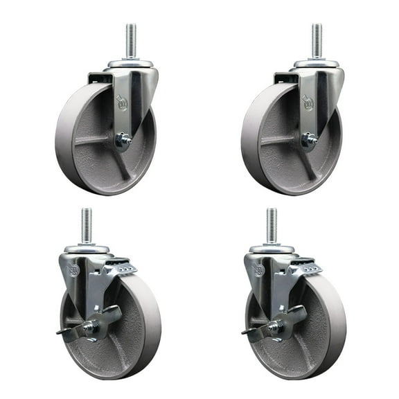 5 Inch Semi Steel Wheel Swivel 5/8 Inch Threaded Stem Caster Set 2 Brakes SCC