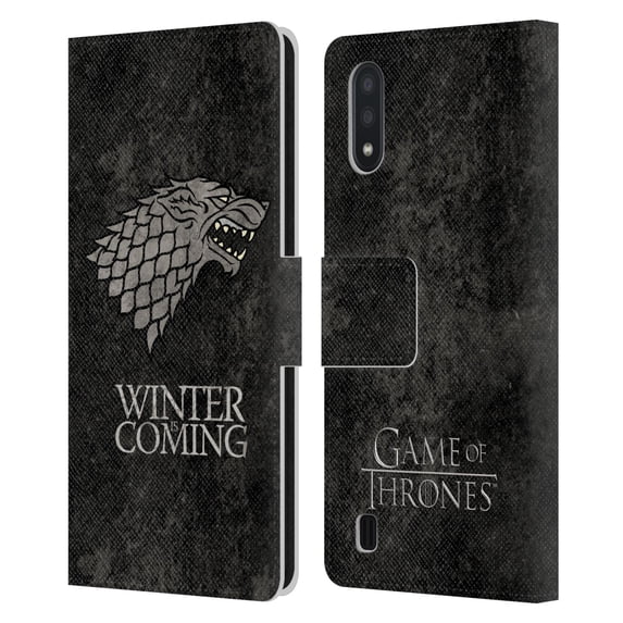Head Case Designs Officially Licensed HBO Game of Thrones Dark Distressed Look Sigils Stark Leather Book Wallet Case Cover Compatible with Samsung Galaxy A01 (2020)