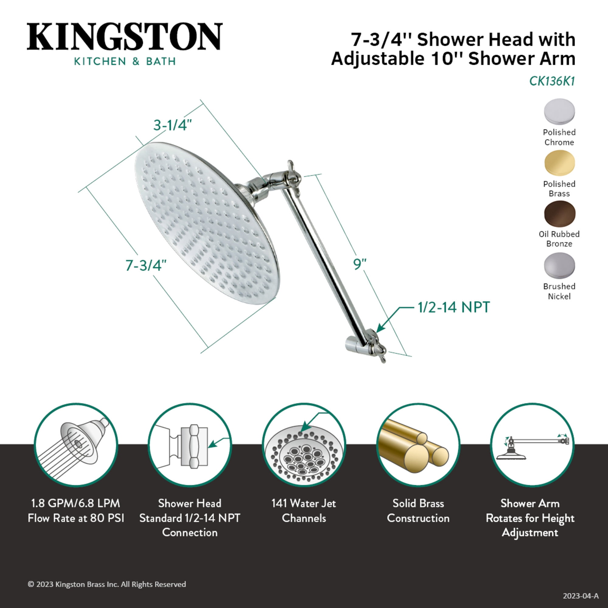Kingston Brass CK136K8 Victorian 7-3/4-Inch Round Raindrop Brass Shower Head with 10-Inch High-Low Adjustable Shower Arm in Brushed Nickel