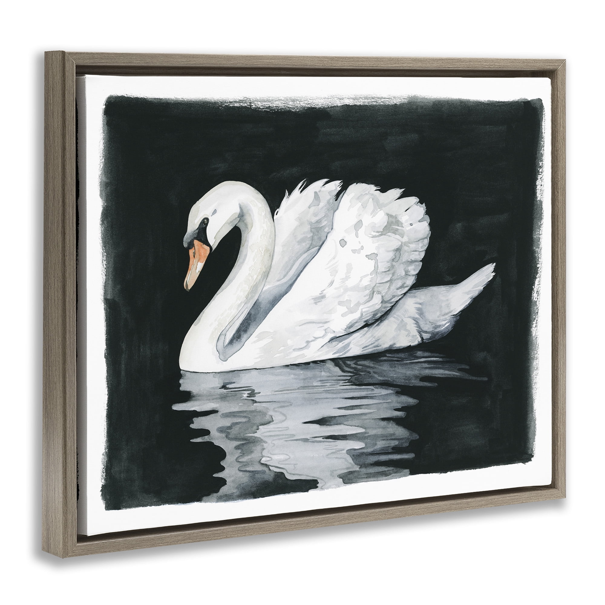 Stupell Industries Beautiful Swan Black Reflection Animals & Insects Painting Brown Floater Framed Canvas Art Print Wall Art, 21 x 17