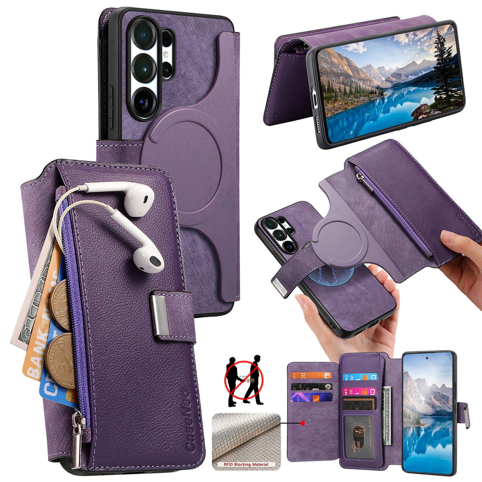 Wallet Case For Samsung Galaxy S25 Ultra Detachable 2 in1 Magnetic PU Leather Folio Magnetic Cover with Card Slots RFID Blocking Zipper Pocket Kickstand Function Shockproof Phone Case Purple