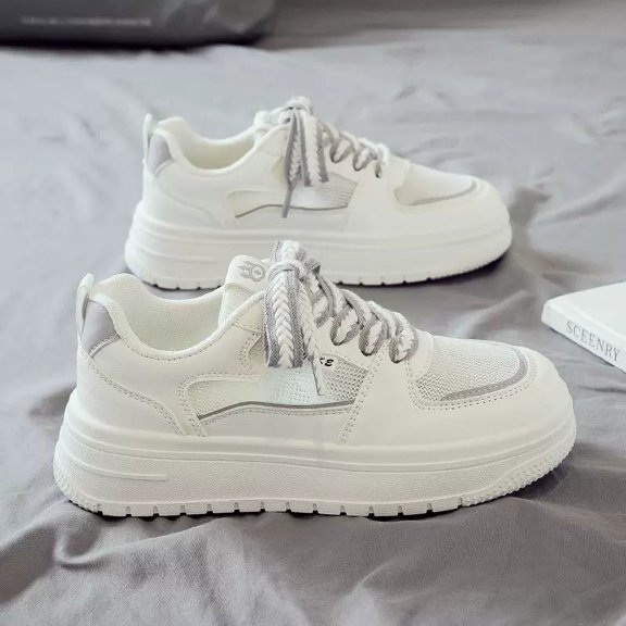 Thick bottom women's sneakers, pink line design, multifunctional white shoes, sports casual breathable