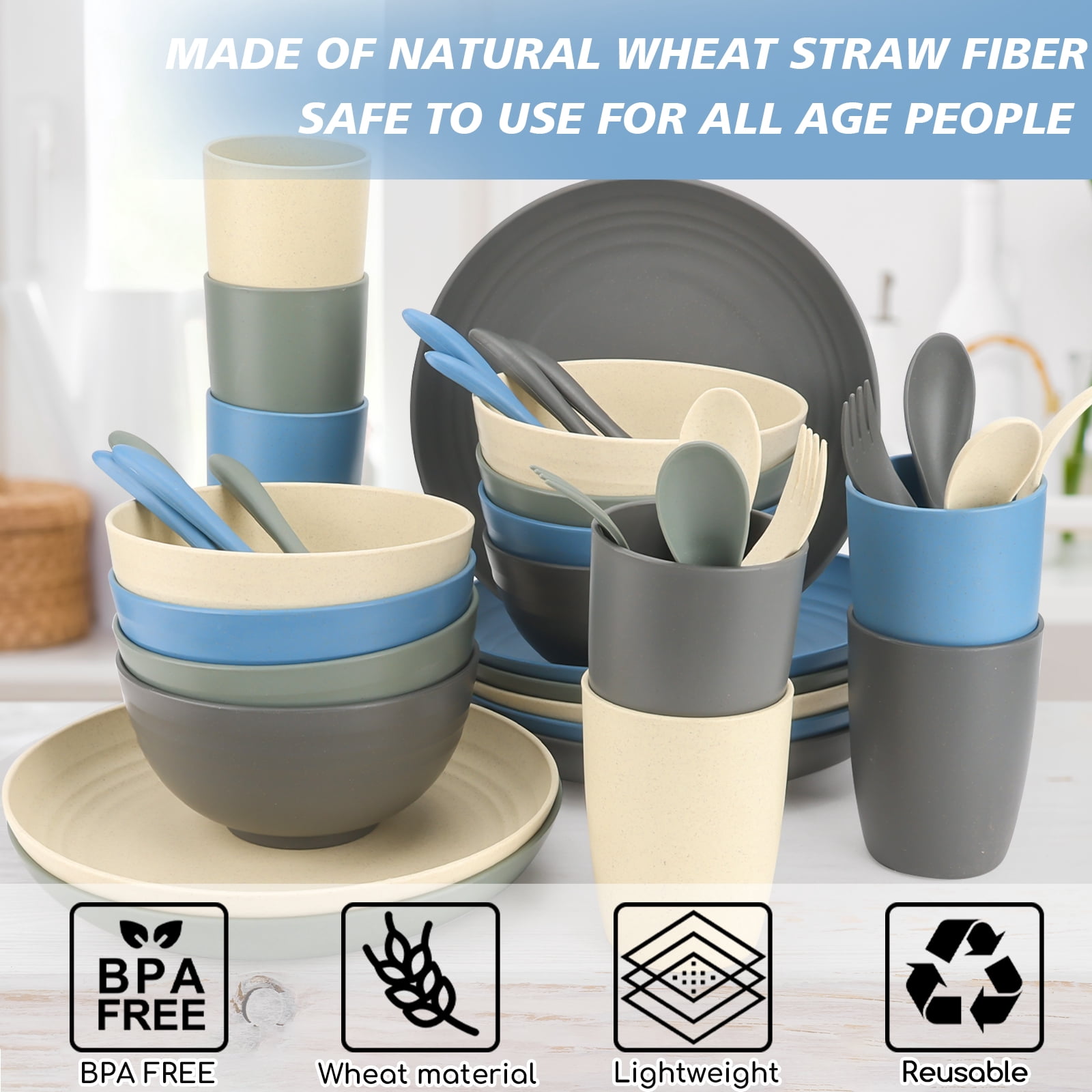 Loobuu Wheat Straw Dinnerware Sets for 8, 40 PCS Multi-Color Microwave  Unbreakable Plates, Bowls and Cups Sets for Camping, Kitchen, RV