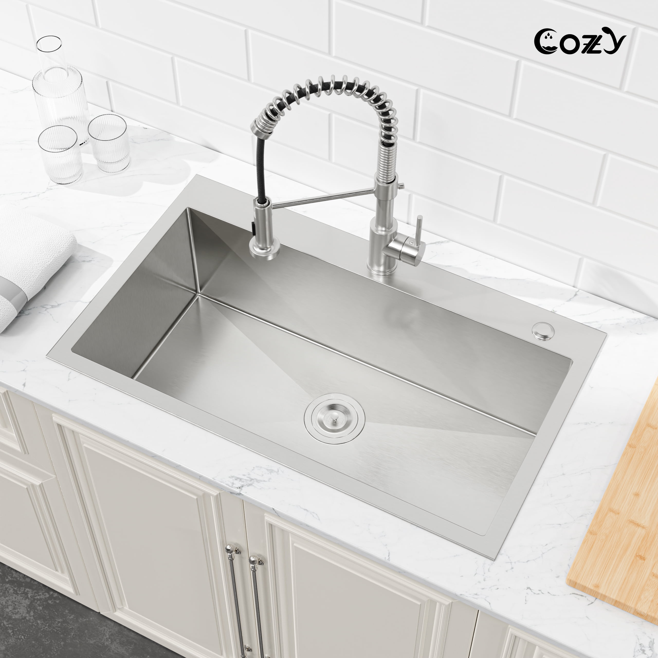 32″x19″ Stainless Steel Kitchen Sink, Single Bowl, Overmount Handmade Sink in Brushed Nickel, with US Standard Drain and Hook, SS-BR02D-321908
