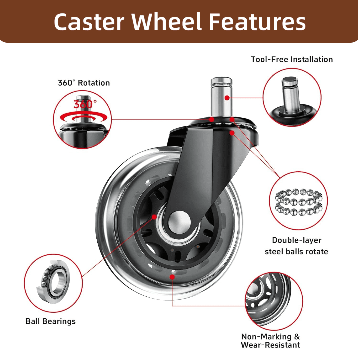Office Chair Wheels Replacement,Rubber Wheels Universal,Fit 3" Chair Casters Incredibly Smooth & Quiet Casters Heavy Duty Chair Wheels,Fits 98% Chair,Caster Set of 5