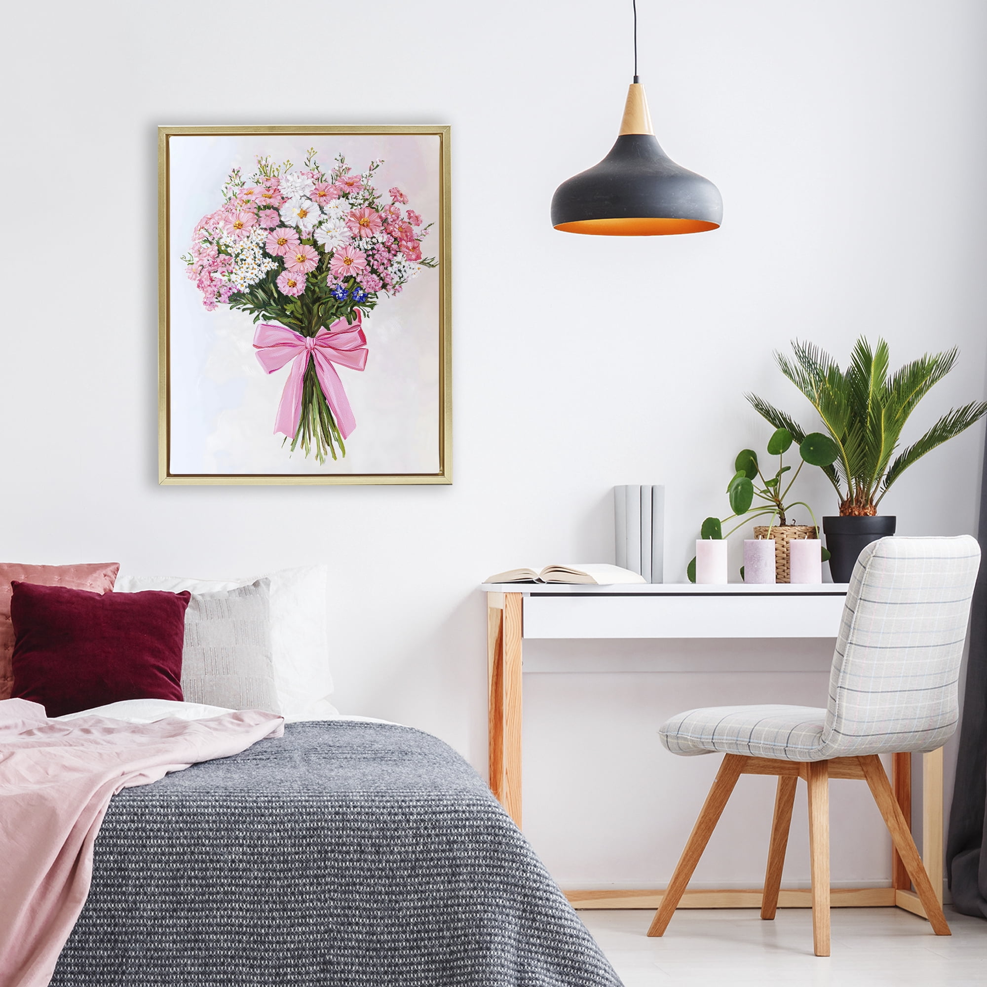 Stupell Industries Pink & White Tied Flower Bouquet Gold Framed Floater Canvas Wall Art, design by The Prints Vibe