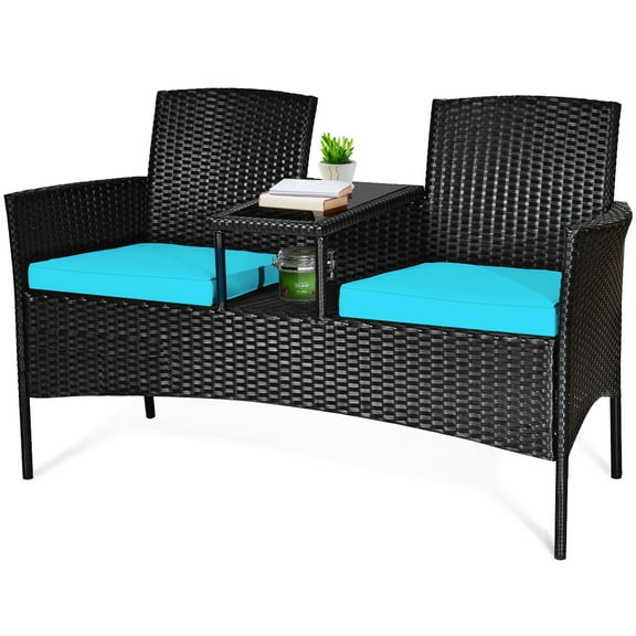 Gymax Patented Rattan Wicker Patio Conversation Set w/ Loveseat Table Turquoise Cushion