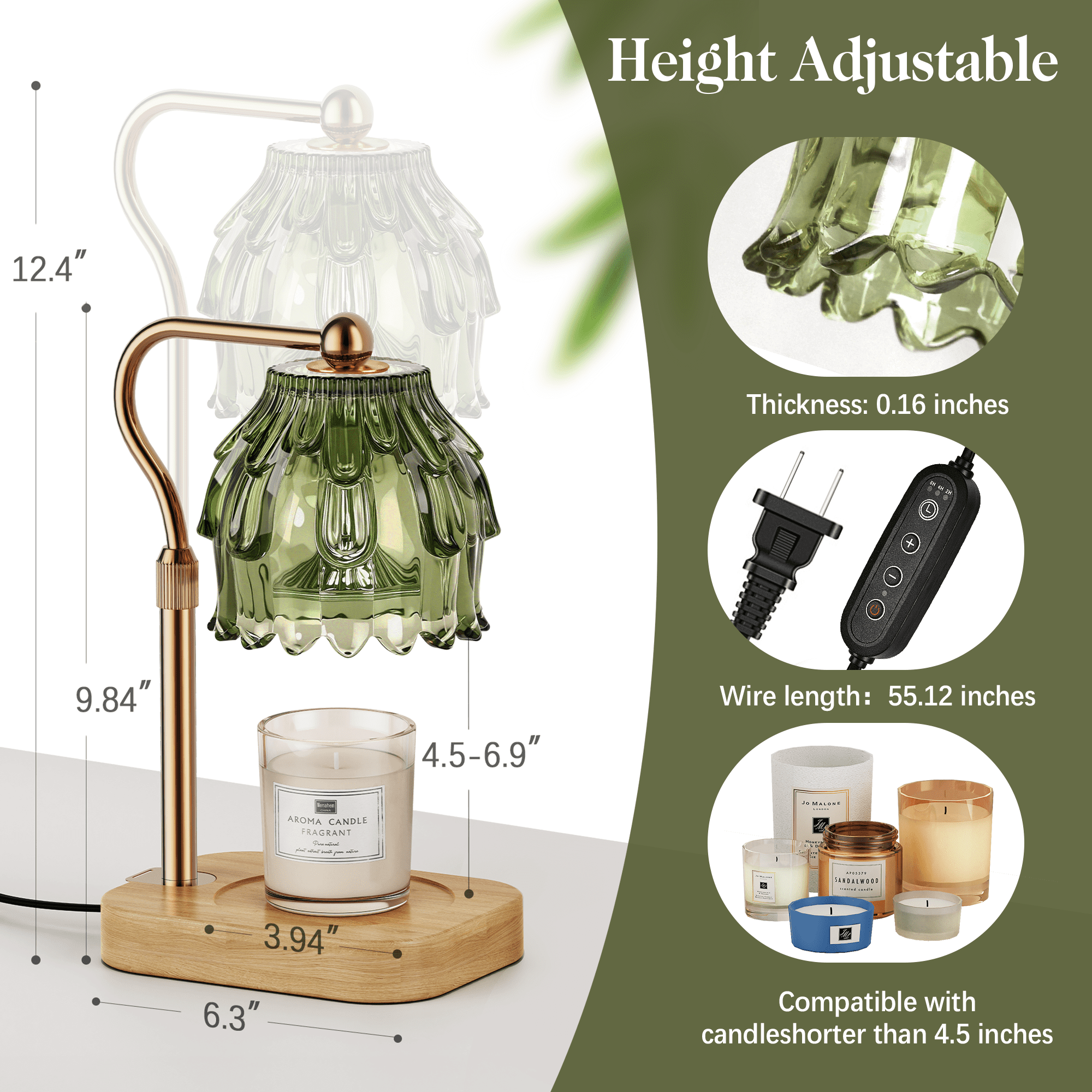 Candle Warmer Lamp with Timer Dimmer, Modern Wax Warmer for Scented Wax Jar Candle Warmer with 2 Bulbs, Adjustable Height Glass Lamp for Gifts,House Warming Gifts, Home Decor, Gold Green