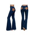 thumbnail image 3 of Pantalones Vaqueros Acampanados con Parches de Estrellas para Mujer, Cintura Media, Corte Acampanado, Elásticos, Pierna Recta, Ajustados. Azul Oscuro L, 3 of 9