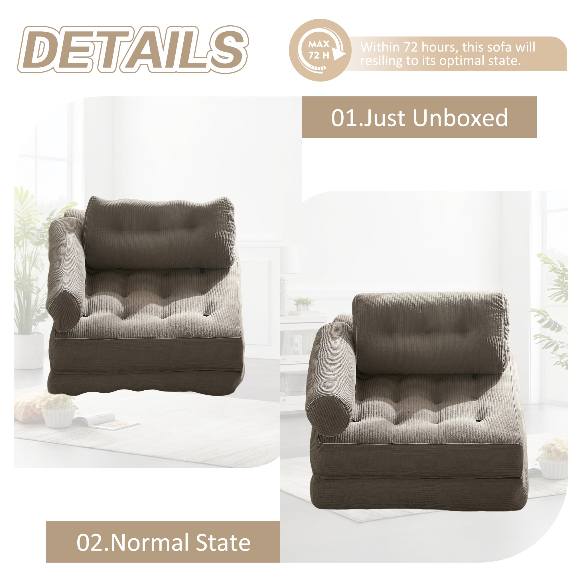 LAKPS Convertible Floor Sofa Bed Plus, Corduroy Modular Lounge Chair with Backrest & Pillow, Folding Tatami Sofa Sleeper for Living Room, Bedroom, Dorm, Gray