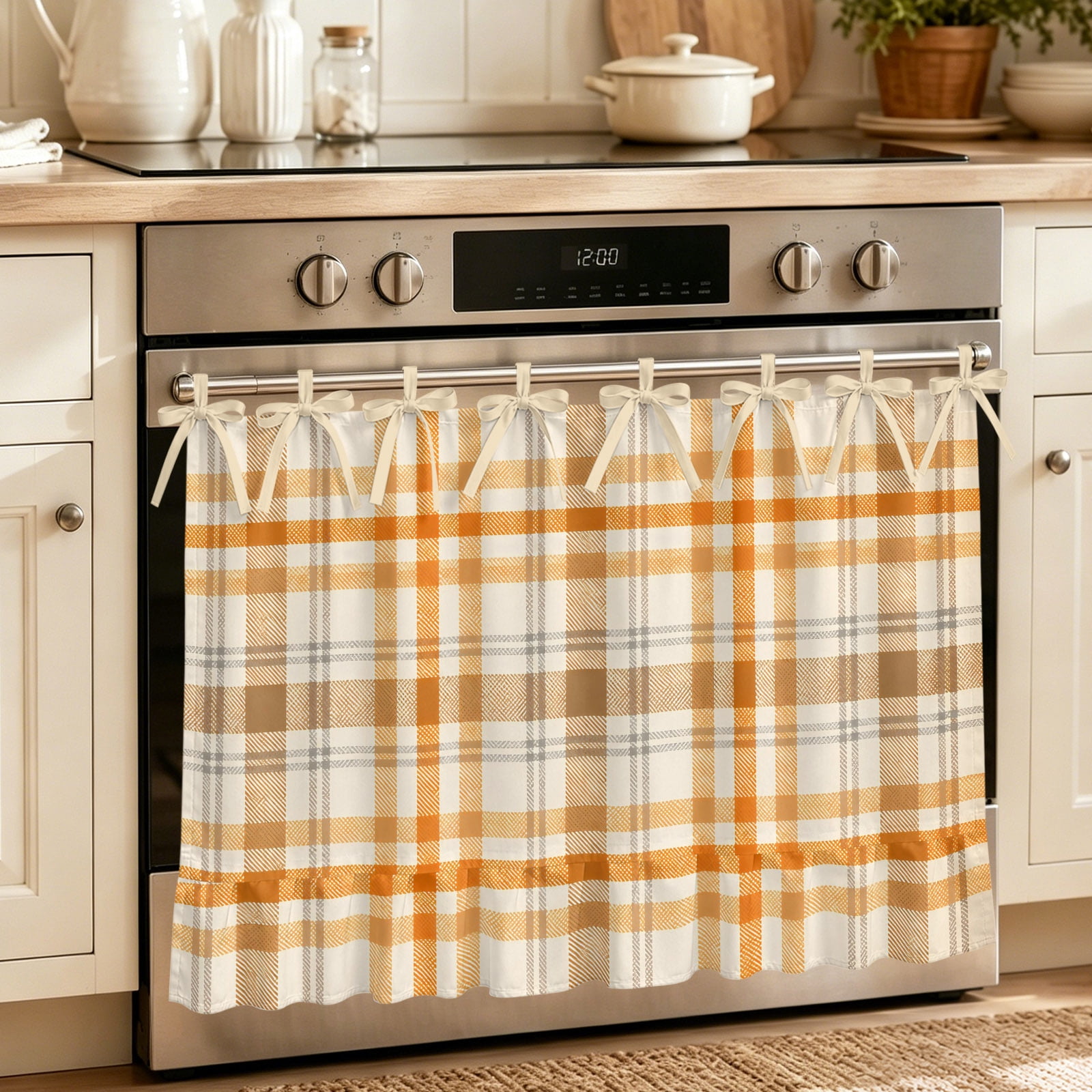 Oven Skirt Curtain for Kitchen 21.5x30 Inch Beige Orange Plaid Oven Curtain with 8 Ribbon Ties & Ruffle Trim Stove Skirt Curtain Dishwasher for Cabinets Over Sinks Modern Farmhouse Brown Checkered
