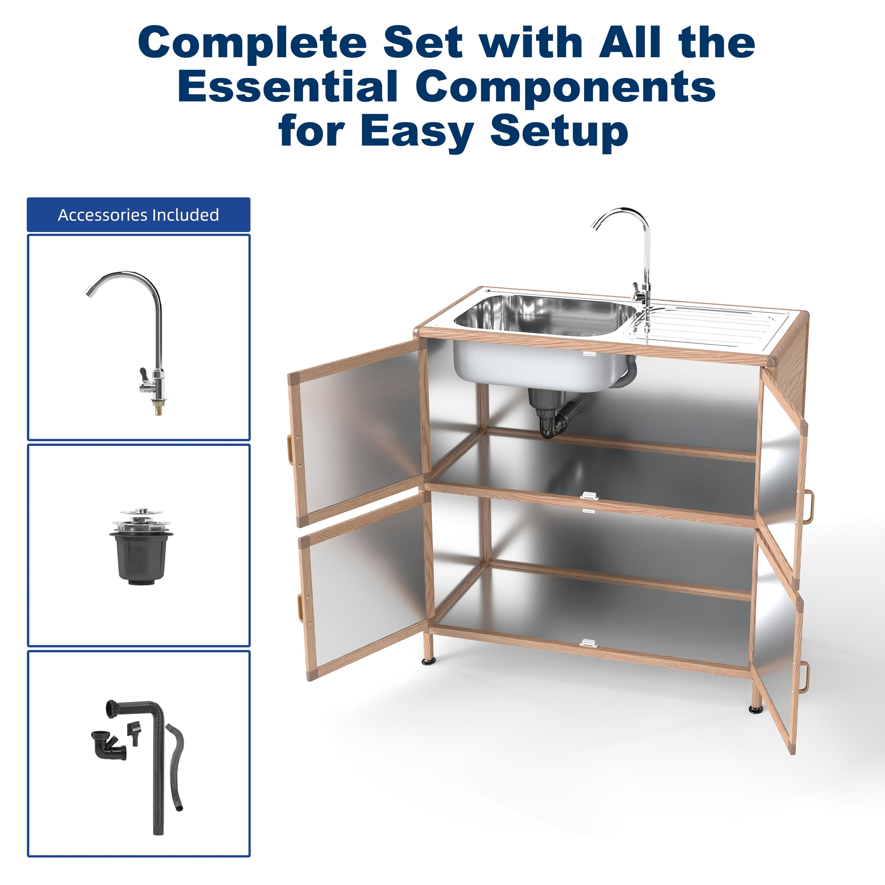 Utility Sink with Cabinet, Freestanding Laundry Room Sink with Faucet and Storage, Stainless Steel Utility Tub for Garage, Workshop, Outdoor Kitchen, 32.68" Natural Wood