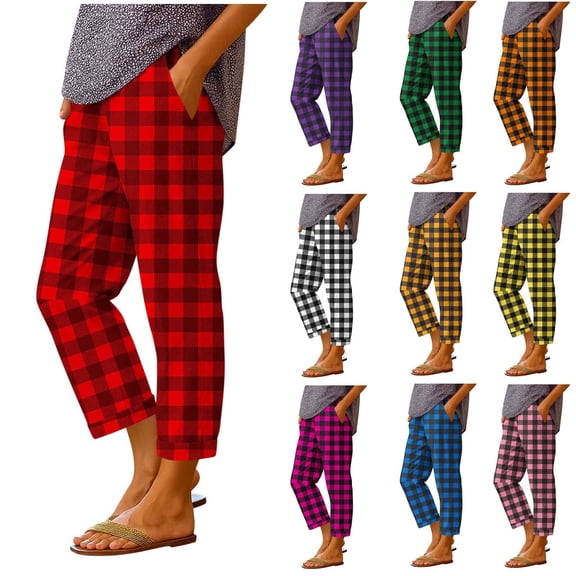 Hvogkswy Cotton Pants for Women Fashion Plaid Print Loose Casual Pants High Waist Straight Leg Ankle-Length Pants with Pockets