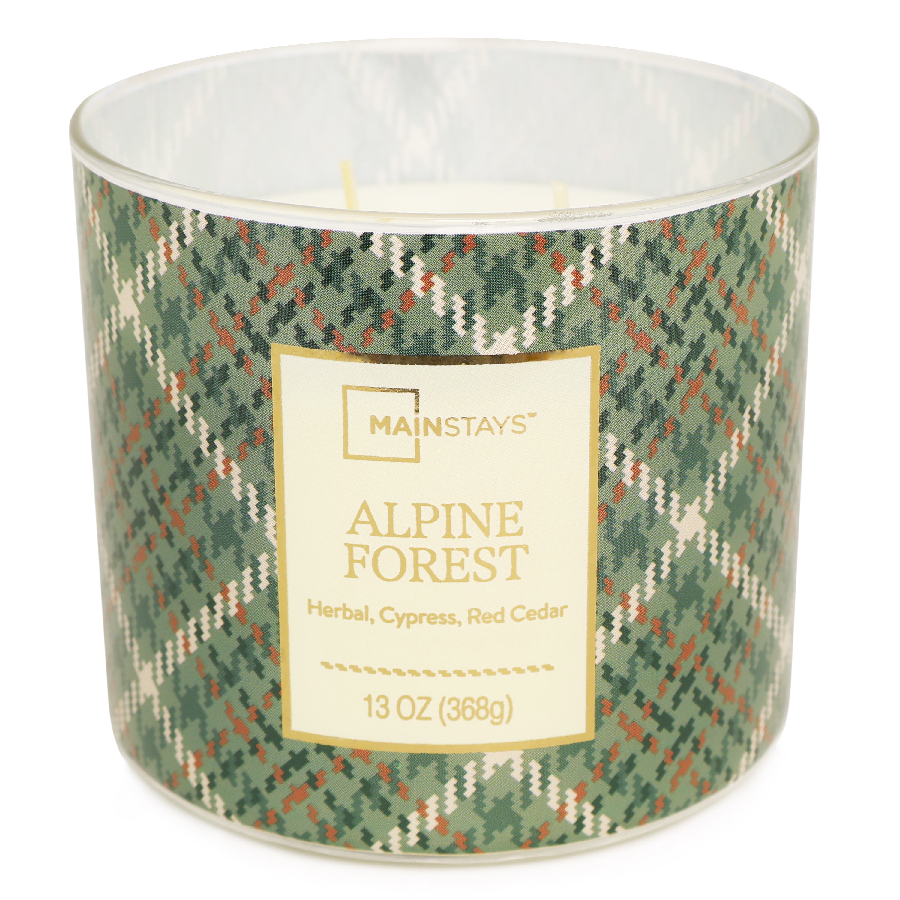 Mainstays 3-Wick Alpine Forest Candle With a Green Plaid Design, 13-Ounce