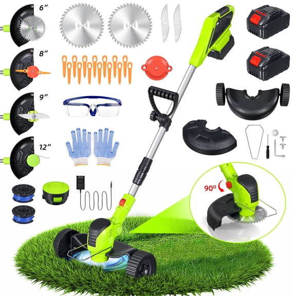 JahyElec Electric Lawn Mower, Cordless String Trimmer with 4 Type Blades & 2 Batteries Edge Trimmer Battery-powered Weed Trimmer Weed Trimmer with Auxiliary Wheels